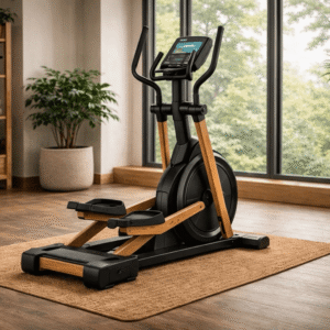 Elipsinis treniruoklis namam arba sporto salei. Medinės ir tvarios medžiagos su ekrana. Juoda spalva EcoMotion Gear