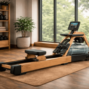 Irklavimo treniruoklis su vandens baku natūraliam irklavimo potyriui. Stebėjimo ekranas